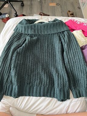 Grace Wide Cowl Chunky Knit Sweater - Teal Green